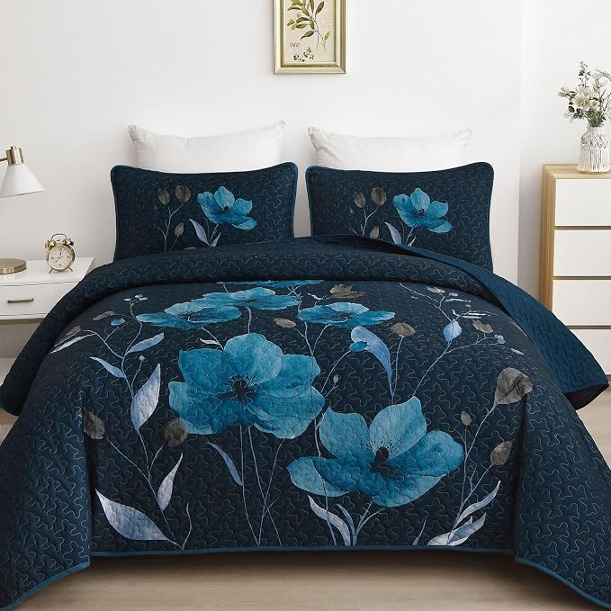 Mybedsoul King Size Quilt Set Dark Blue, Reversible Polyester Coverlet Set by Mybedsoul