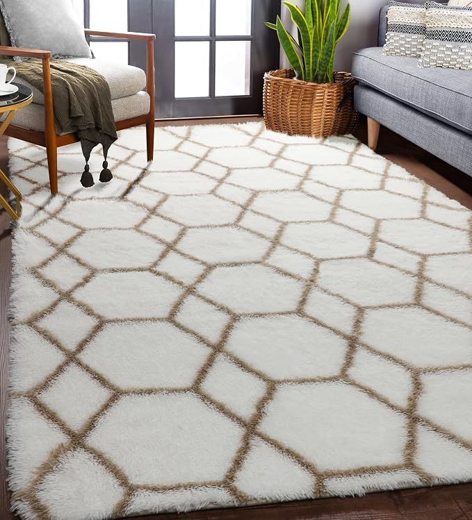 Area Rugs for Bedroom Living Room, Fluffy 4x6 White and Beige Throw Rug - Image 5