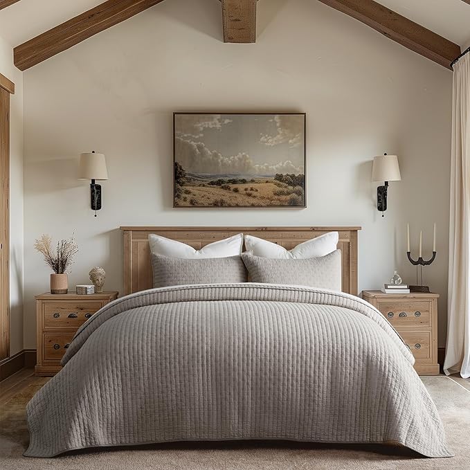 100% Cotton Cross Stitch 3-Piece Quilt Set, Taupe | 100% Cotton, Elegant Cross by EVERGRACEHOME