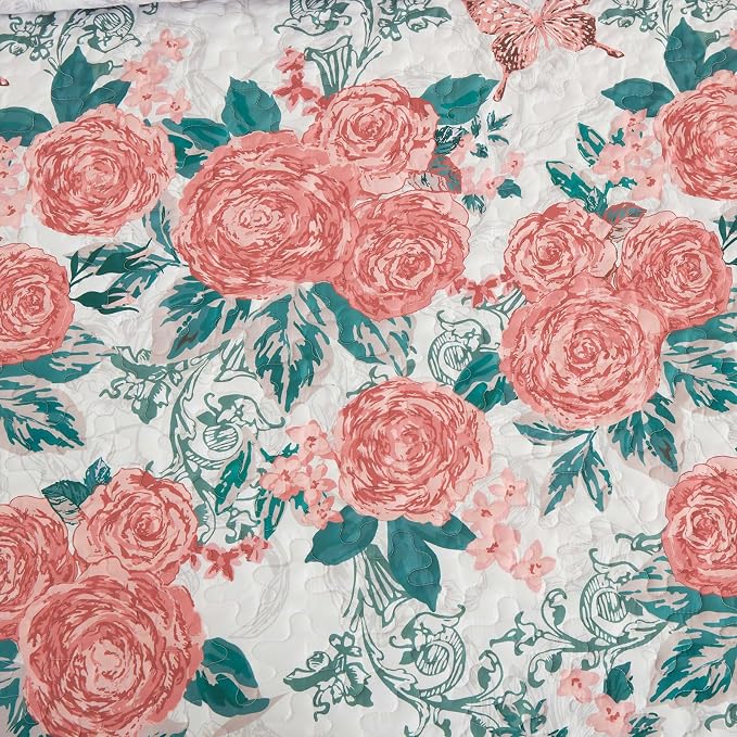 Yiran Pink Floral Quilt Set Queen Summer Botanical Bedspreads Bedding Set | 3 - Image 4
