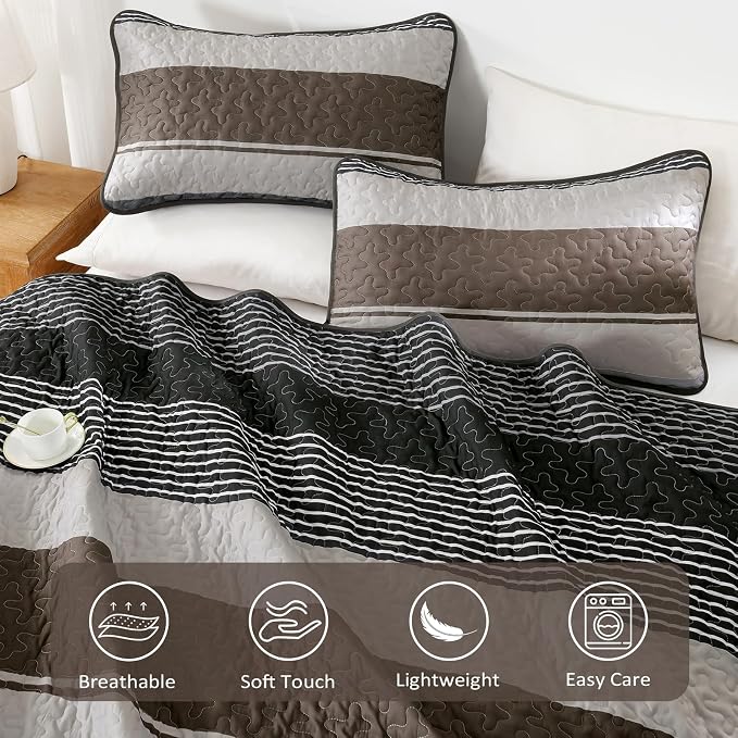 Dinjoy King Boho Striped Quilt Set, Breathable All-Season, 3-Piece Set Fits - Image 4