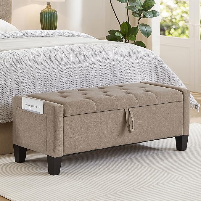 Modern Storage Ottoman Bench, Linen Upholstered End of Bed Bench by YourBeautifulSpace