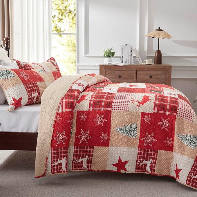 Christmas Quilt Set 3-Piece Full Queen Size Bedspread Coverlet 90''x98'' - Image 3