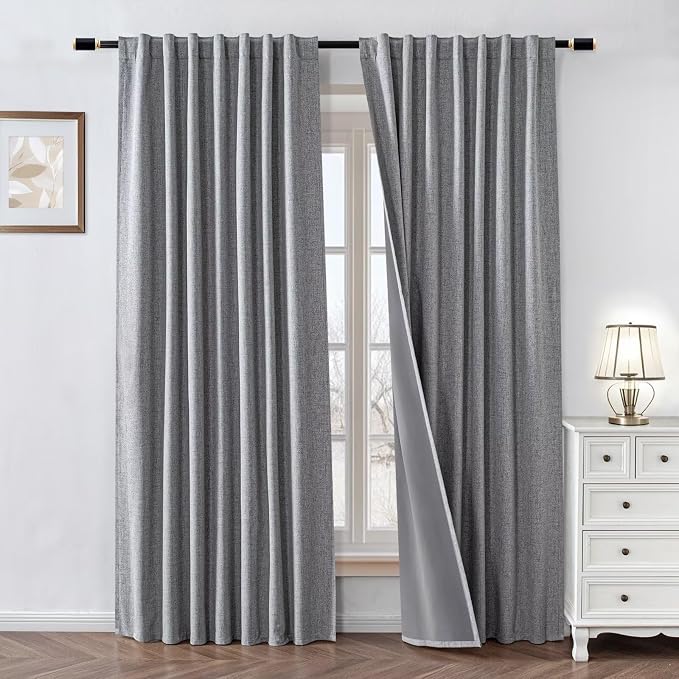 100% Blackout Curtains 96 inch Length 1 Panel Faux Linen Long Drapes by Zyvola