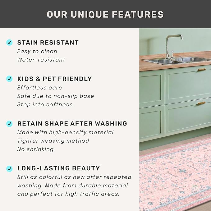 Pink and Blue Washable 5x8 Living Room Rugs, Boho Aethestic Oushak Vintage Area - Image 7