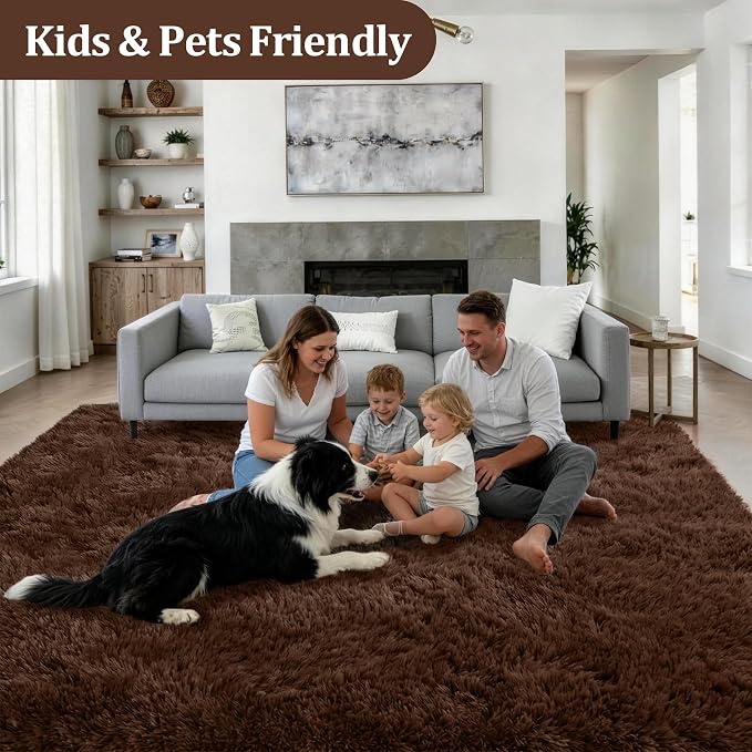 Area Rug Living Room Bedroom: 5x7 Fluffy Plush Shag Carpet Brown | - Image 4