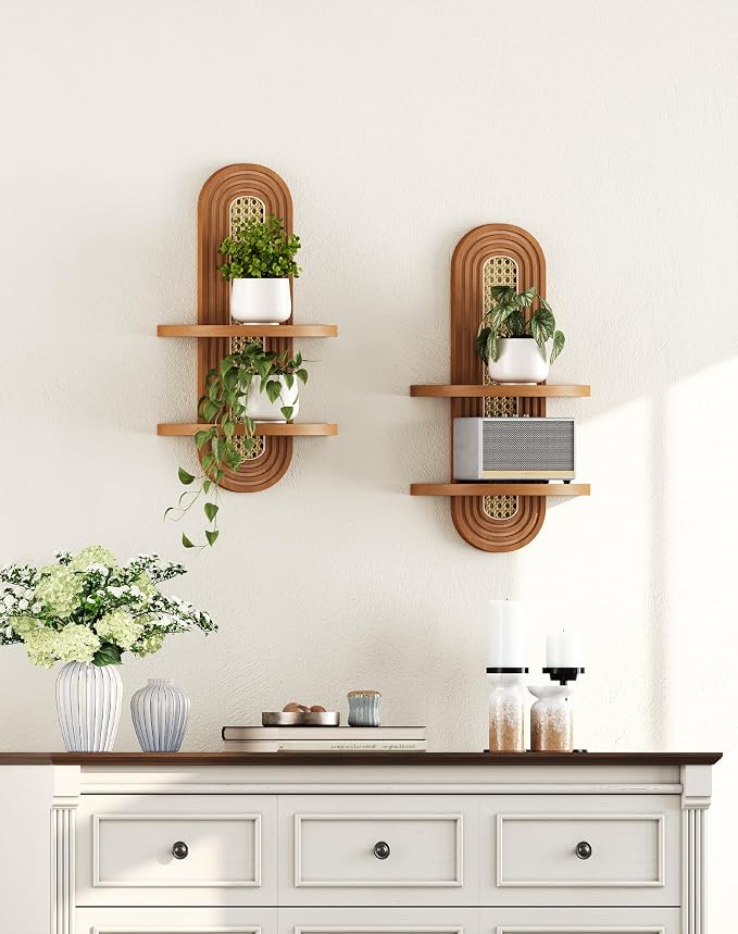 Floating Shelves for Wall, Boho Home Wall Decor, 2-Tier Rattan Plant Shelf - Image 6