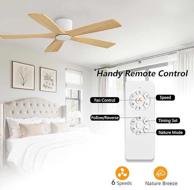 WINGBO 48" Flush Mount DC Ceiling Fans Without Lights, 5 Carved Solid Wood Blades, 6-Speed Reversible DC Motor, Low Profile Hugger Ceiling Fan No Lights for Living Room Bedroom Patio, White and Oak