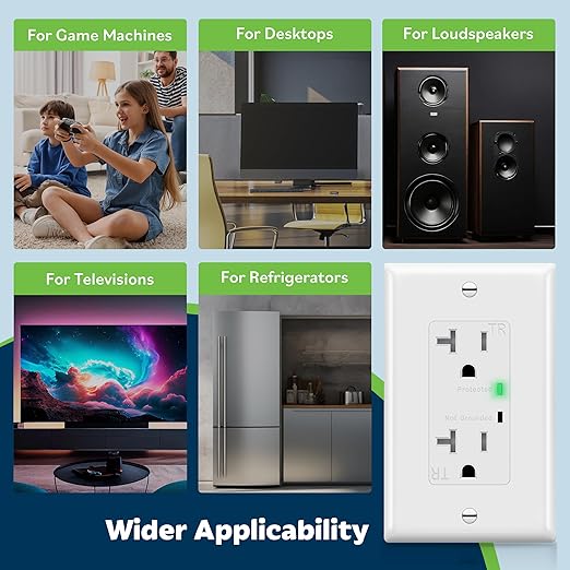 TOPGREENER Decorator Receptacle Outlet w/Surge Protector and Grounding Indicator, Child Safe, Tamper-Resistant, Self-Grounding, 900 Joules, 2-Pole, 20A 125V, UL Listed, TGTRSS220R, White