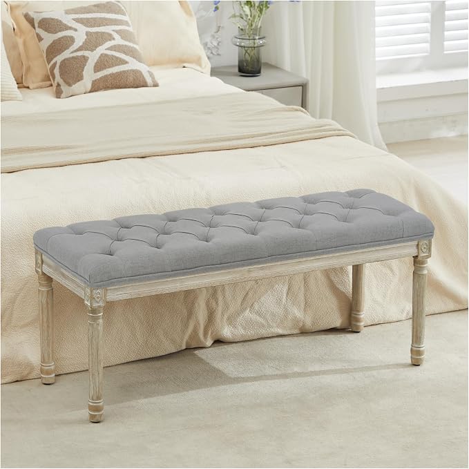 LOULENS 43.9" Linen End of Bed Bench, Vintage Bedroom Bench, Light Grey | French by LOULENS