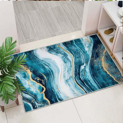2x3 Abstract Entryway Area Rug Blue White Golden Bathroom Rug Non Slip Machine Washable Low Pile Small Carpet Kitchen Bedroom Door Mat Entrance