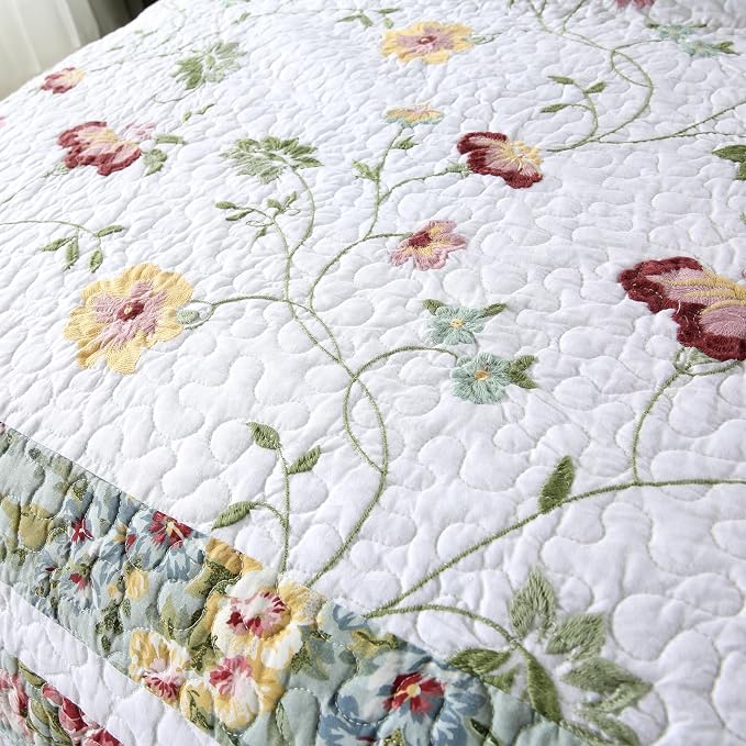 ROOMLIFE 100% Cotton Quilt Set Full Elegant Floral Embroidery 3-Piece | - Image 6