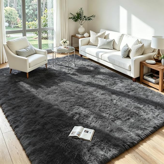 4x6 Fluffy Area Rug for Living Room: Soft Non-Slip Grey Shag Bedroom Carpet | by Oriannal