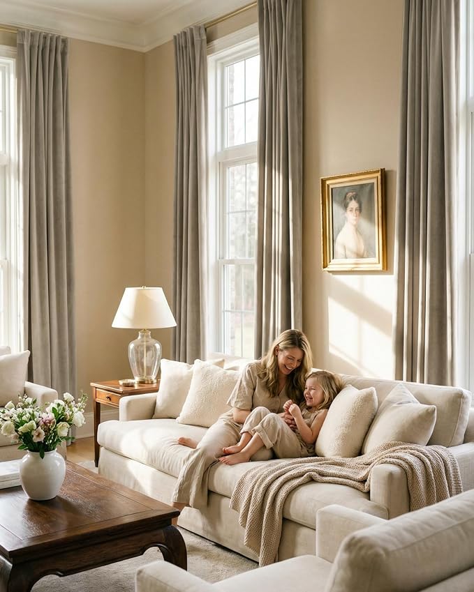 Beige Velvet Curtains for Sliding Door 108 inches, 2 Panels | Thermal Insulated - Image 8