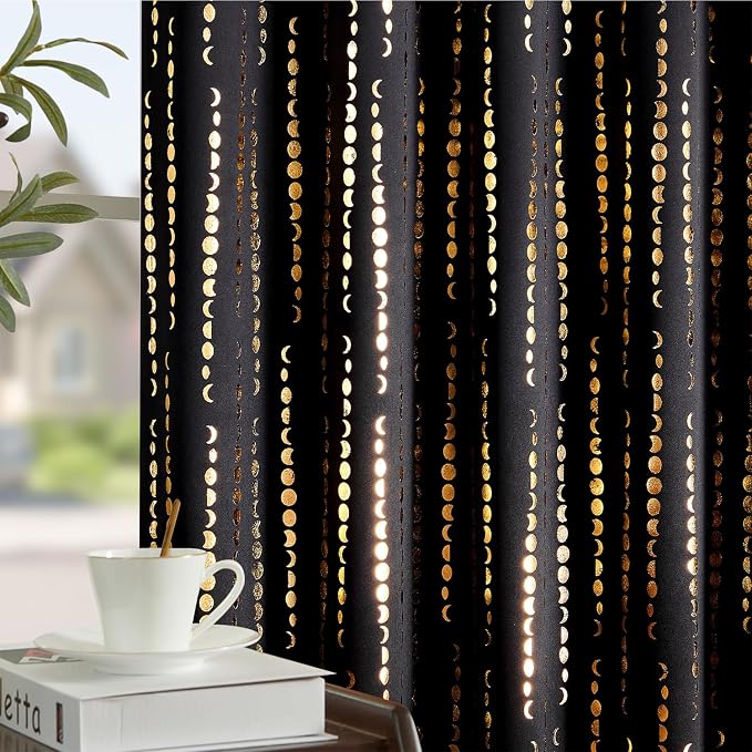 jinchan Boho Blackout Curtains 63 Inch Length Moon Phase Printed Drapes | Gold - Image 4