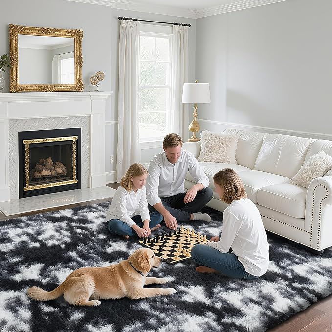 Mottled Black 6x9 Area Rugs for Living Room, Fluffy Shag Rug Large Carpet | - Image 4