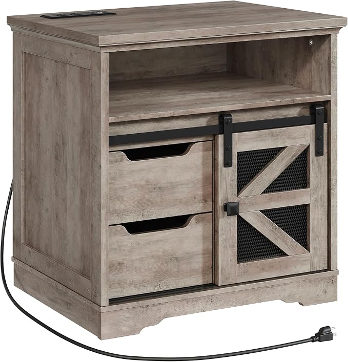 Farmhouse End Table with Charging Station, Sofa Side Table with 2 Drawers and - Image 9