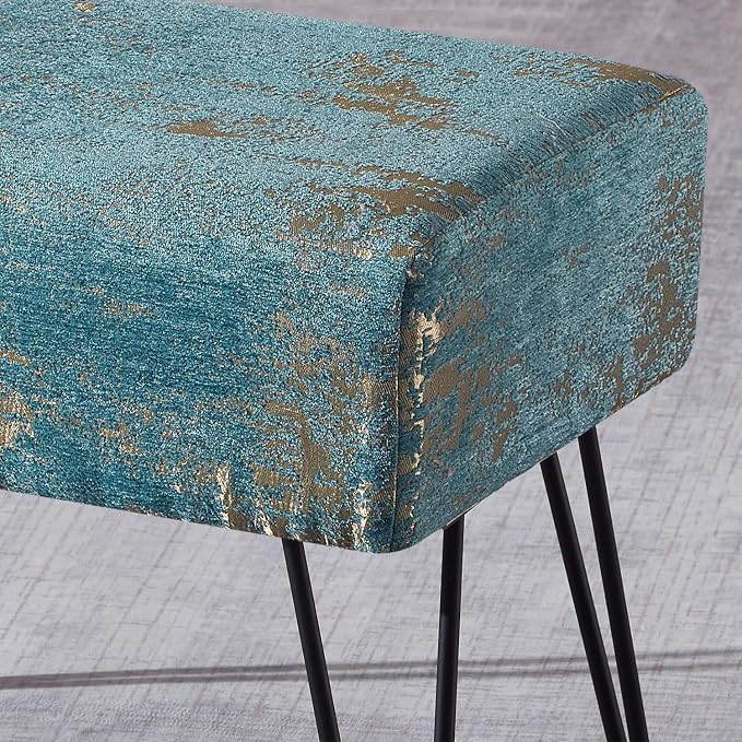Home Soft Things Blue Jacquard Chenille Ottoman, Kasula-Turquoise, Fuzzy Entry - Image 6