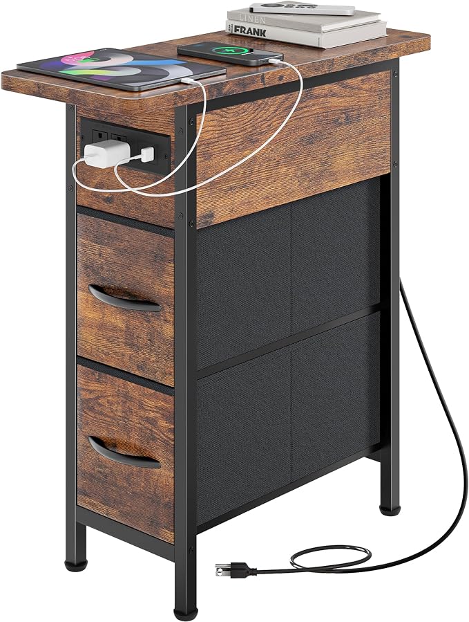 Huuger Narrow End Table with Charging Station, Side Table with 2 Drawers | Slim by Huuger