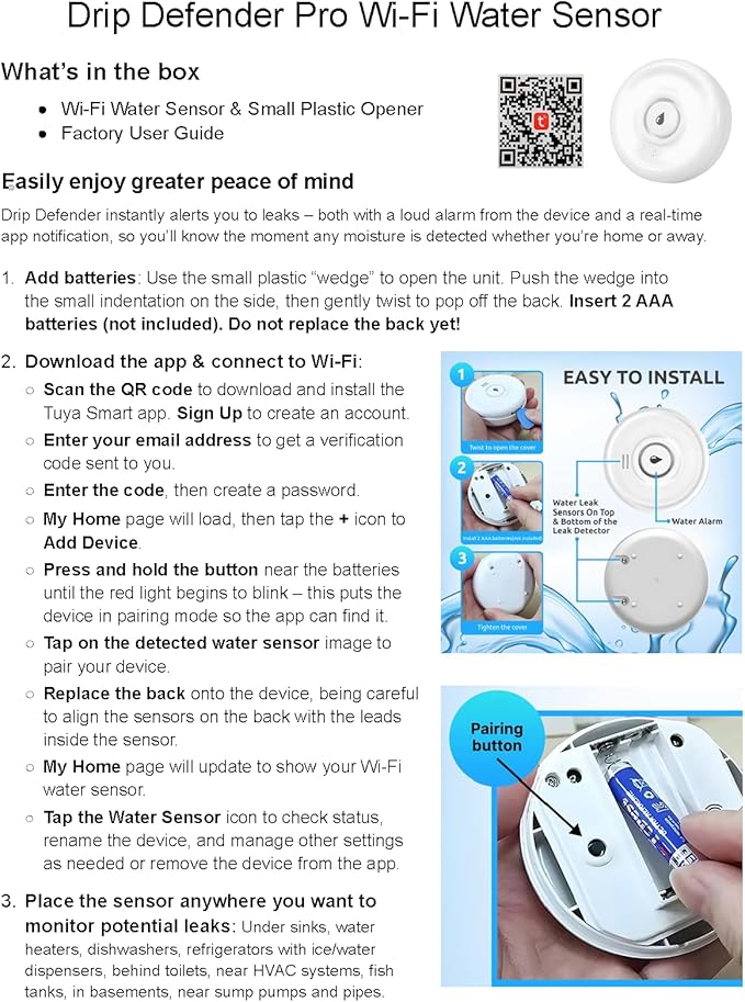 Drip Defender Pro Water Sensor | Wi-Fi Water Leak Detector for Home with 100dB Alarm, High Sensitivity, IP66 Waterproof, Easy Installation, Smart Moisture Alarm for Kitchens, Basements, and Bathrooms