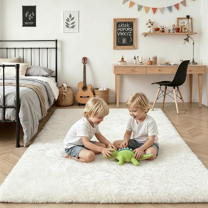 Area Rug Living Room Bedroom: 5x7 Fluffy Plush Shag Carpet Ivory | - Image 7