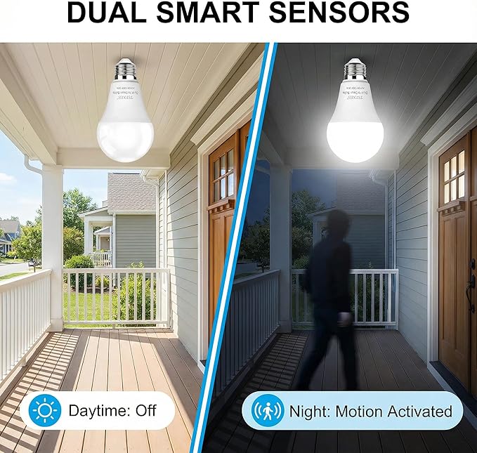 TSEXES 12W Motion Sensor Light Bulbs (100W Equivalent), 5000K Daylight, Motion Activated Light Bulb with Dusk to Dawn Sensor for Outdoor & Indoor,Porch, Stairs, Hallway, 4-Pack