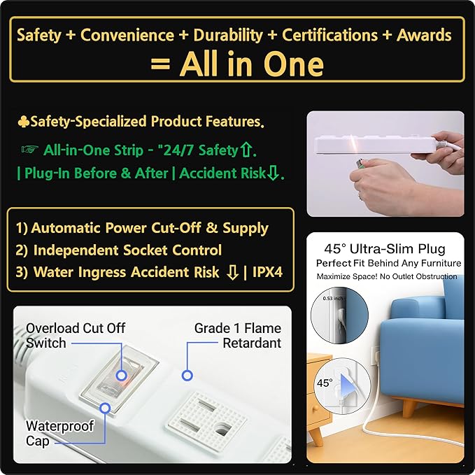 S.O.V Splashproof IPX4 Power Strip, Patented Zero-Current Auto Shut Off, ETL Listed, 4-Outlet Flat Plug, Black, 5ft Cord