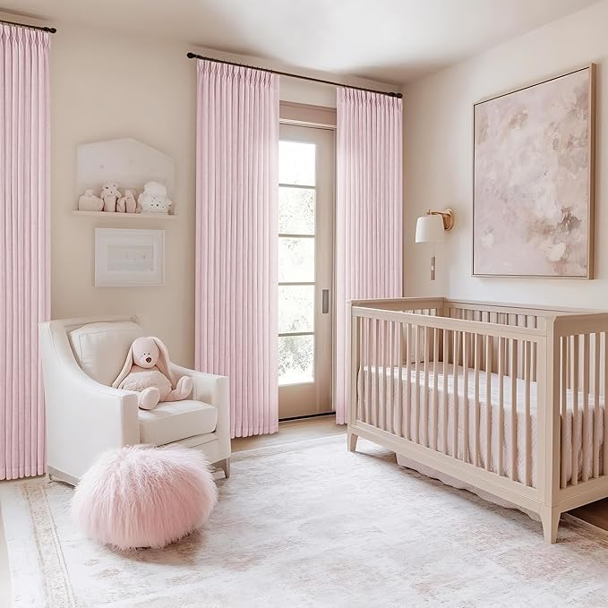 Pinch Pleat Light Pink Semi Sheer Curtains 108 Inches Long for Girls Bedroom Living Room Light Filtering Pleated Linen 108 Inch Curtains Drape Window 2 Panels Set Pink Blush Babys Nursery