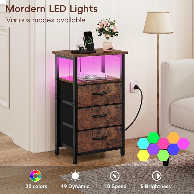 Night stand Set 2 with Charging Station, LED Nightstand - Image 4