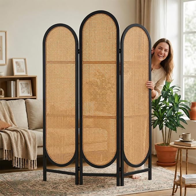 3 Panel Rattan Room Divider Screen, Boho Folding Privacy Screen | Decorative - Image 4
