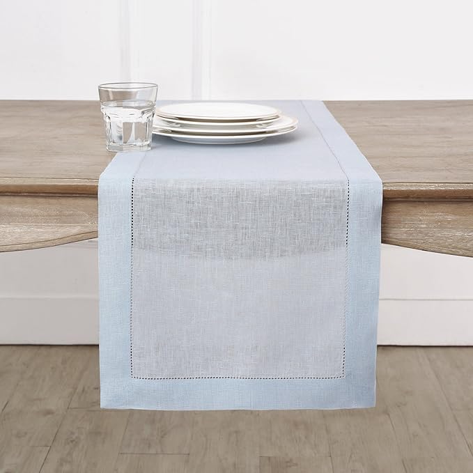 Solino Home Linen Light Blue Table Runner 132 Inches Long - 100% Pure Linen Extra Long Table Runner 14 x 132 Inch for Winter, Christmas, New Year - Classic Hemstitch