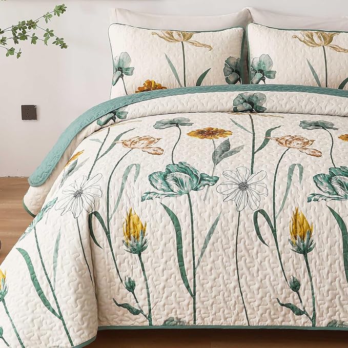 WONGS BEDDING Floral Quilt Set Queen Size, Aqua Botanical Coverlet | Farmhouse - Image 6