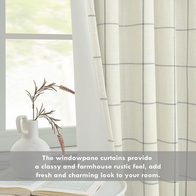 DriftAway 100% Blackout Plaid Linen Curtains 96 Inches Long 2 Panels Gray | - Image 8
