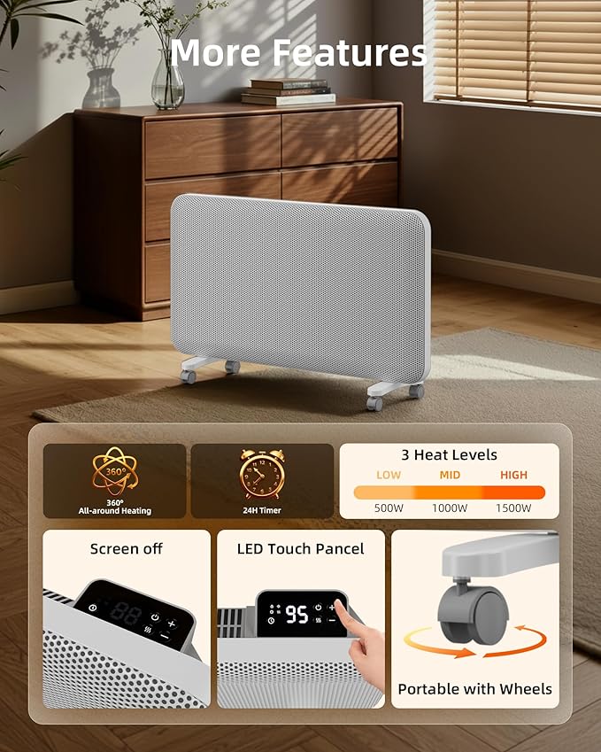 YEW Space Heaters for Lagre Room, Convection Infrared Electric Heater with 360° Whole-Room Heating, Thermostat, 24H Timer, Heaters with Tip-over & Overheat Protection for Indoor Use
