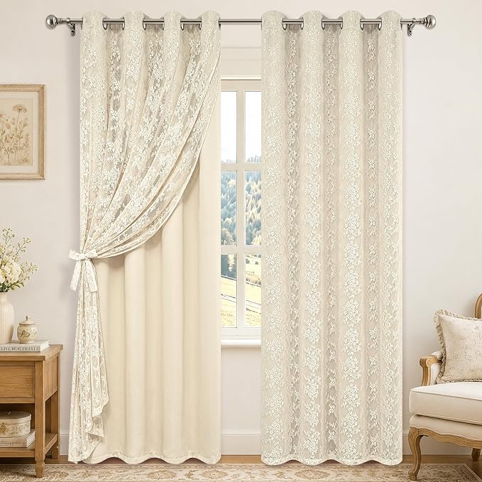 Yinhua Beige Blackout Curtains Double Layer Curtains by yinhua