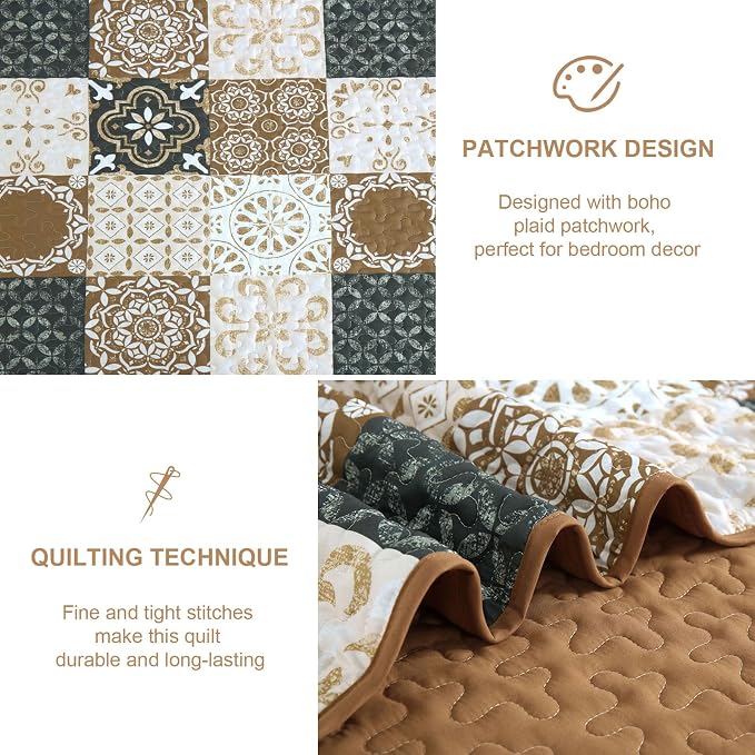 Dobuyly Patchwork Quilt Set King Size, Boho Farmhouse Bedspread Brown | Dobuyly - Image 5