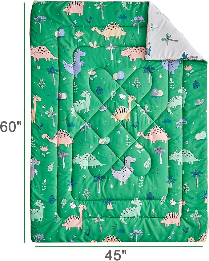 DuShow Dinosaur Toddler Bedding Set for Boys, 4 Pieces Soft Crib Bed Set Including Comforter, Fitted Sheet, Flat Top Sheet and Pillowcase-Green