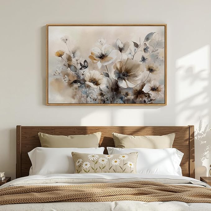 Framed Neutral Floral Wall Art, Vintage Beige Botanical Flower Canvas Artwork - Image 4