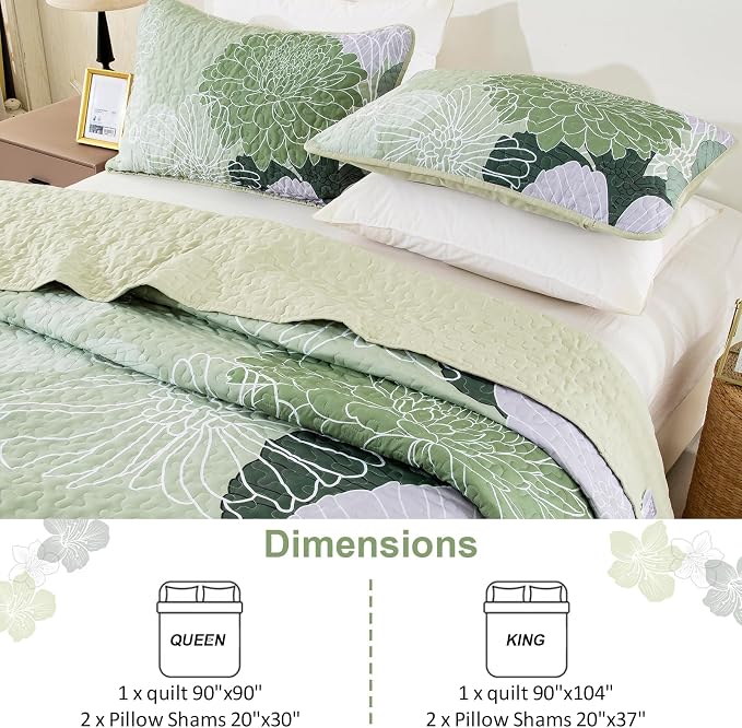 Yiran Floral Quilt Set Queen Sage Green Botanical Bedspreads Bedding Set | 3 - Image 6