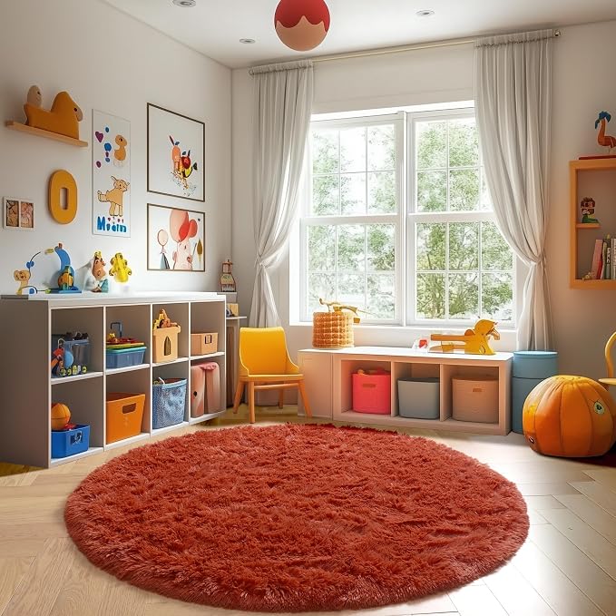 Amdrebio Terracotta Large Furry Round Rug 6Ft - Image 7