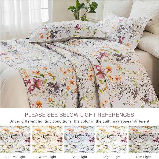 QSH 3Pcs Oversized King Bedspread Set, 100% Cotton Floral Quilt Bedding Set - Image 7