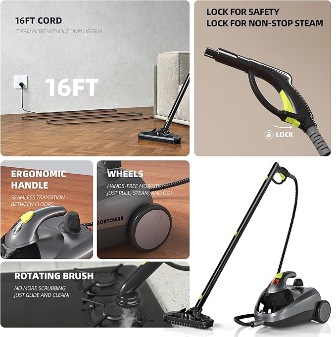 GOATCLEAN Steam Cleaner, Power Steamer for Chemical-Free Home Cleaning, 22-Piece Accessory, Multipurpose Floor Cleaner for Grout, Kitchen, Bathroom, Car, Upholstery, 16ft Cord, High Temperature