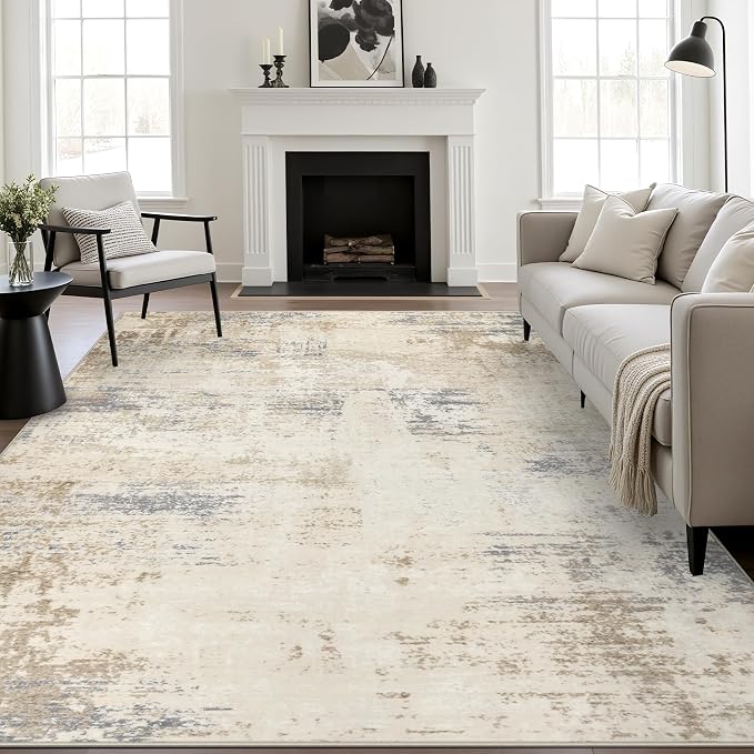 9x12 Area Rug Living Room: Modern Washable Soft Carpet Beige Brown | by FXRHLP