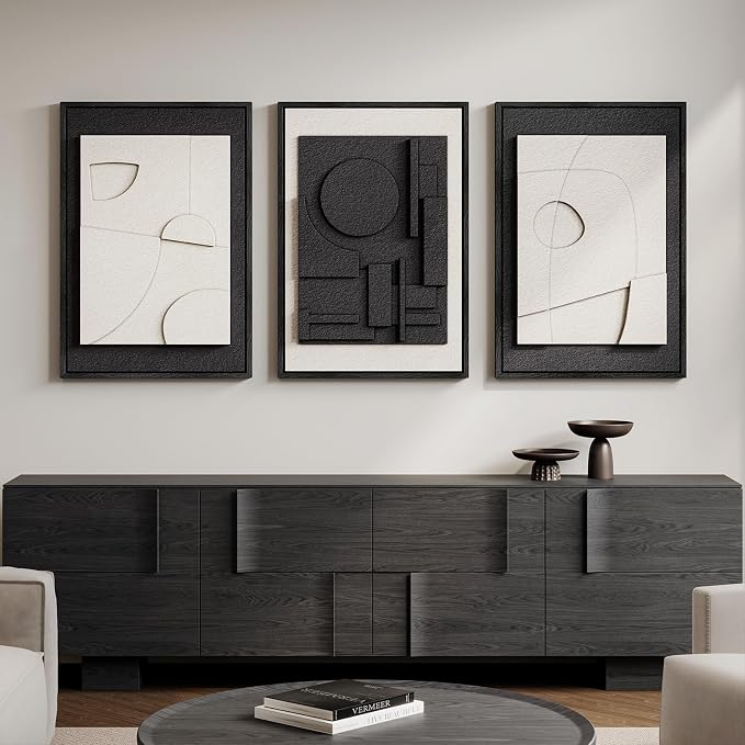 Large 3D Textured Framed Black and White Abstract Wall Art, 3 Piece Modern Wall - Image 5