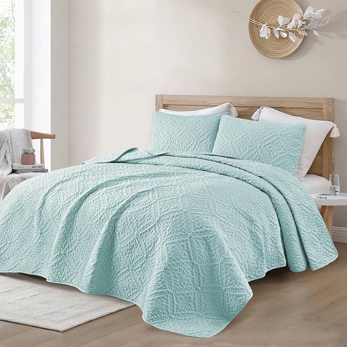 Exclusivo Mezcla King Quilt Set, Aqua Blue | Lightweight Soft Bedspreads - Image 2