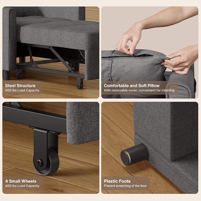 Aiho 3-in-1 Sleeper Chair Bed Convertible Sofa, Dark Gray | Convertible Chair - Image 7
