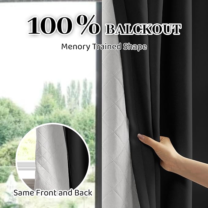 3-in-1 100% Blackout Curtains 90 Inches Long, Thermal Insulation, Soundproof Back Tab Drapes for Bedroom Living Room Sliding Glass Door, with Pin Hooks, Black 50x90Inch 1 Panel