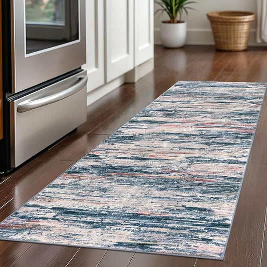 2x5 Modern Abstract Runner Rug for Hallway, Teal Blue Peach Gray Multi Super Soft Hallways Decor Kitchen Rugs with Non-Slip, Non-Shedding Washable Rug for Entryway Bedroom Laundry Indoor