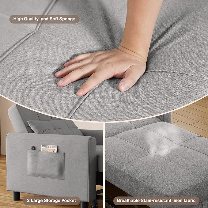 Aiho Convertible Sleeper Chair 3-in-1 Sofa Bed, Light Gray | Adjustable Backrest - Image 8