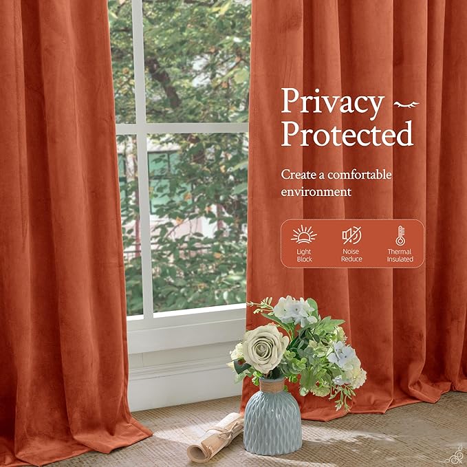 LAMIT Terracotta Velvet Curtains 108 Inch, Thermal Insulated Room Darkening Drapes for Living Room Bedroom Rustic Vintage Noise Reducing Panels with Back Tab and Rod Pocket, 2 Panels, 52 x 108 Inch